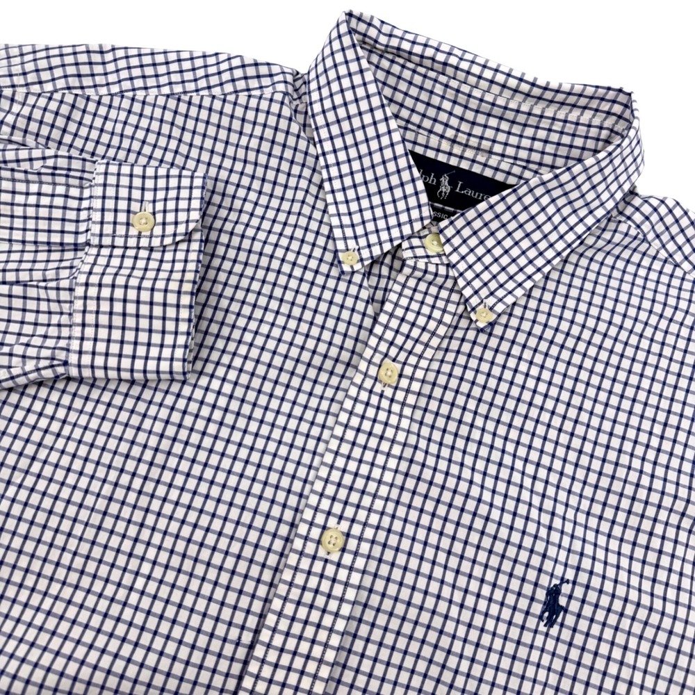 Ralph Lauren Button Down Shirt Mens XXL Blue White Check Classic Fit Long Sleeve